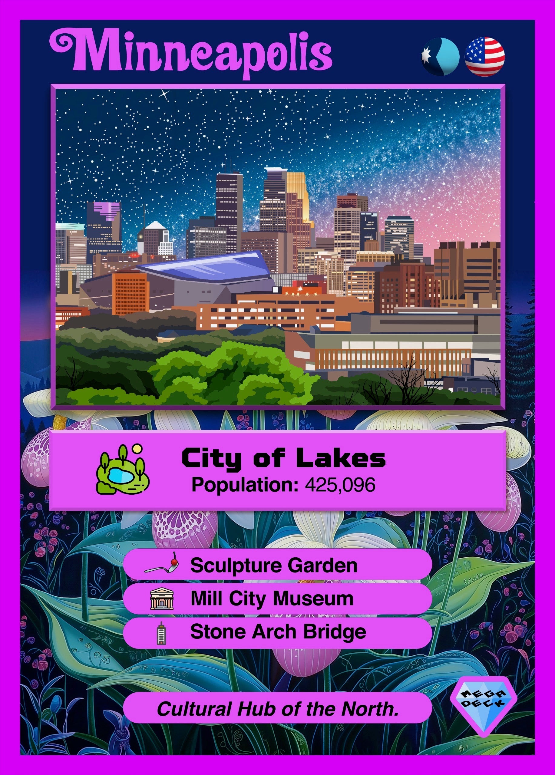 Trading card-style depiction of Minneapolis with city skyline, lakes, and cultural landmarks. Cherry Spoon sculpture garden, stone arch bridge, the cultural hub of the north. 